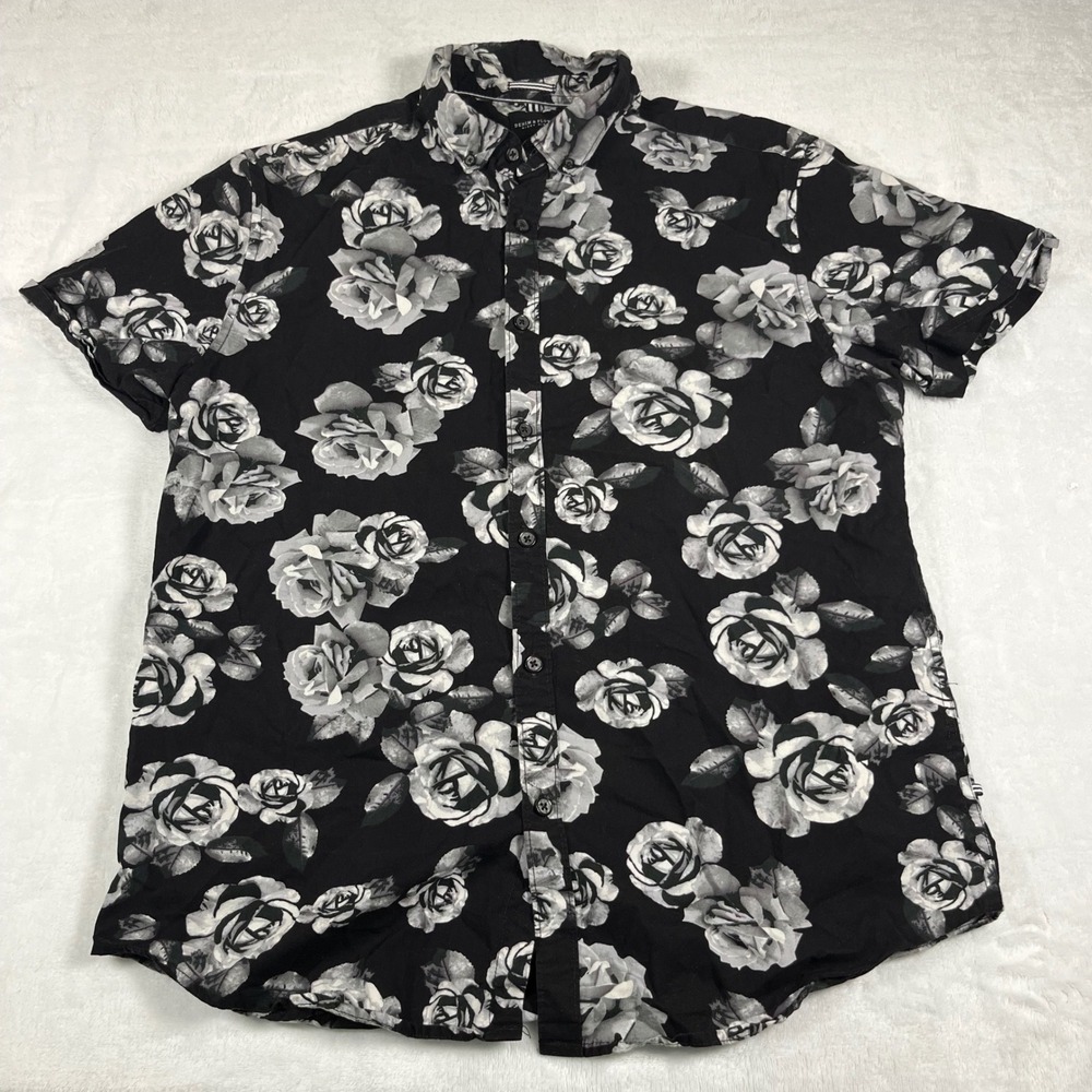 Denim & Flower Ricky Singh Mens Slim Fit Floral Rose Button Down Shirt Black M